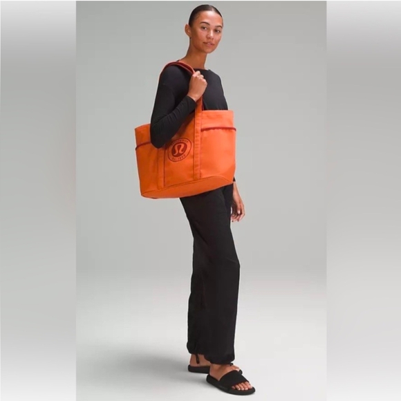 LULULEMON Athletica Orange Cotton Canvas Gym Work Multi Pocket Tote Bag 20L NWOT - Picture 8 of 9